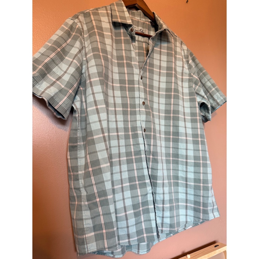 Tasso Elba XL Blue Grey Plaid Short Sleeve Button Down Shirt Textured Mens Top